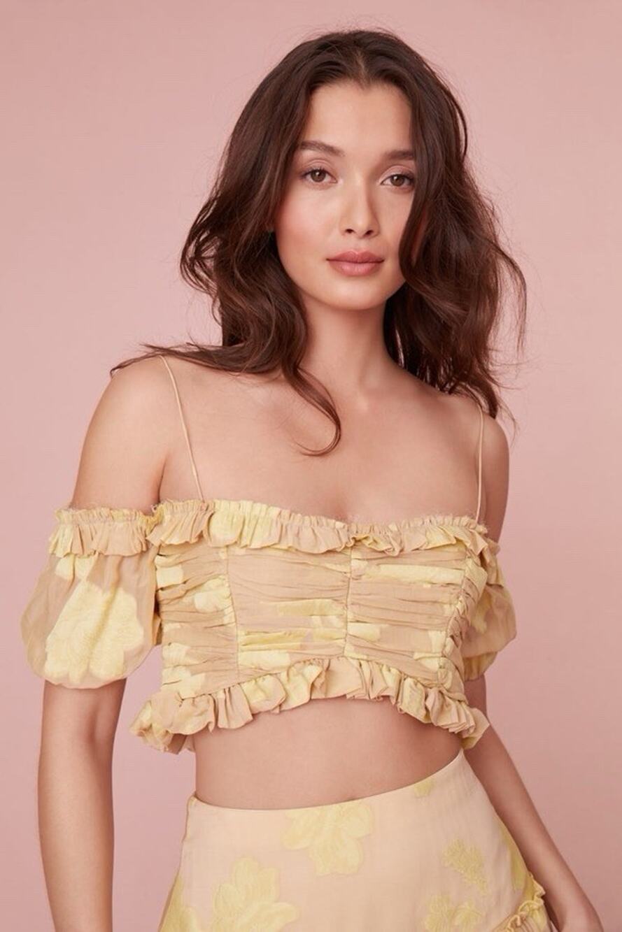 LoveShackFancy Emalin yellow floral print cropped top off-the-shoulder Yellow L